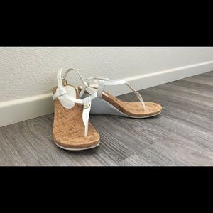 White and brown sling-back wedge sandals